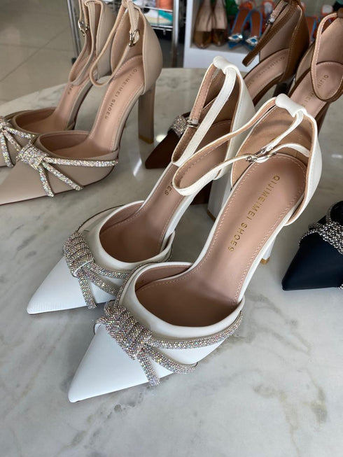 Rhinestone Embedded Pointy Ankle Strap Heels